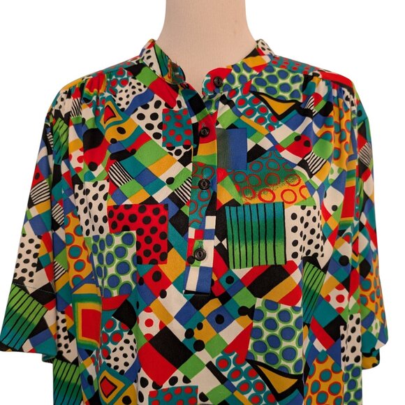 Top Notch Womens Plus Size 52/32W Vtg Colorful Abstract Print Button Up S/S Top - Picture 4 of 8
